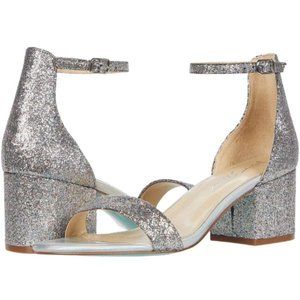 Betsey Johnson Mari Size 9 Silver Glitter Ankle Strap Block Heel Sandals